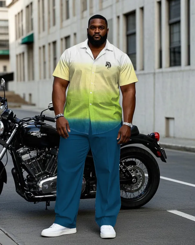Men's Plus Size White & Yellow & Green & Blue Contrast Color Gradient Chest Small Label Short Sleeve Shirt Pants Suit sold by Biggmans