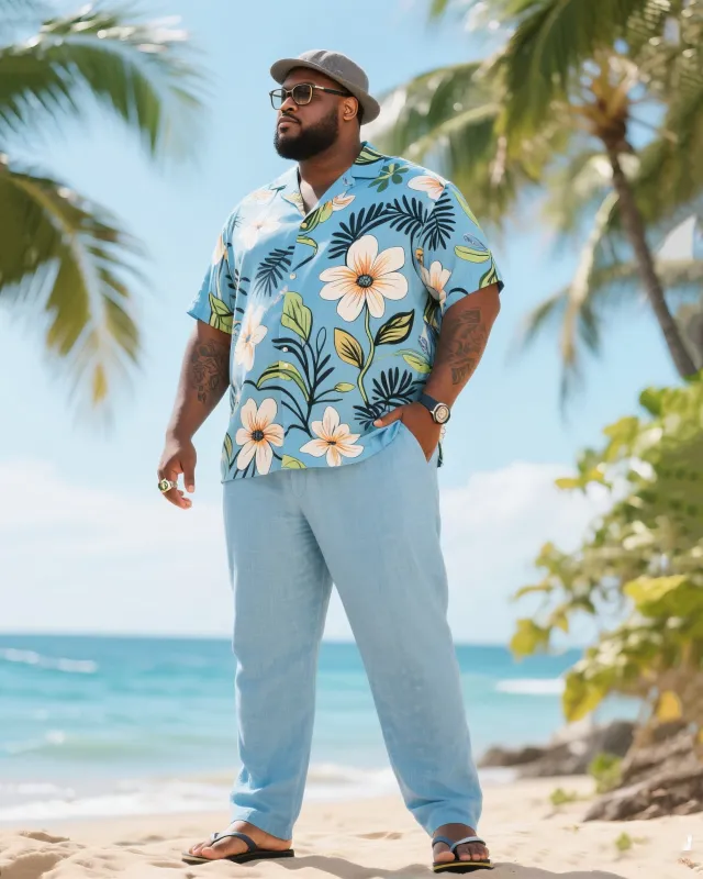 Big & Tall Men's Holiday Style Summer Color Matching Luxury Floral Printed Short Sleeve Shirt Trousers Cotton Linen Suit sold by Biggmans