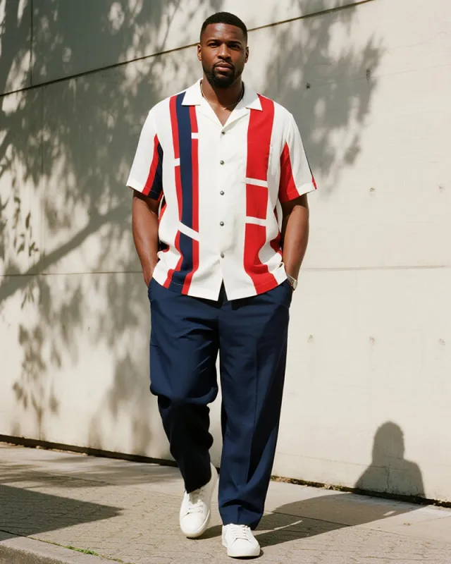 Big & Tall Men's Business Red Colorblock Geometric Stripe Print Short Sleeve Shirt Trousers Suit sold by Biggmans