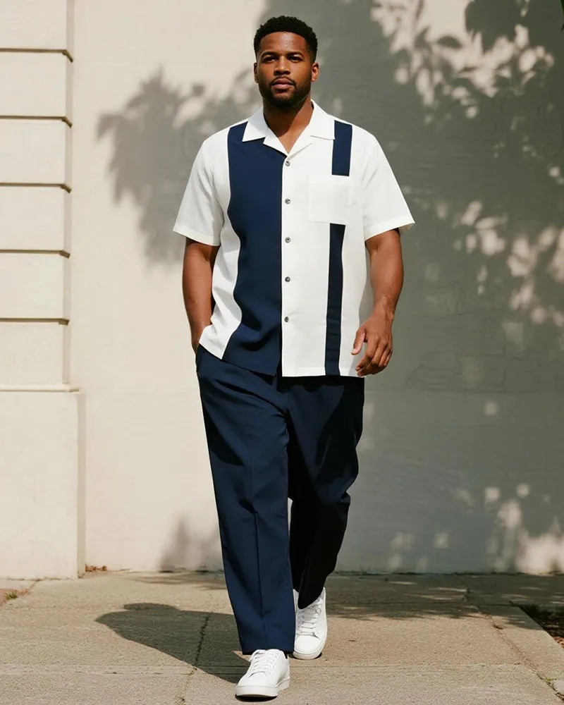 Big & Tall Men's Business Blue Colorblock Stripe Printed Pocket Short Sleeve Shirt Trousers Suit sold by Biggmans