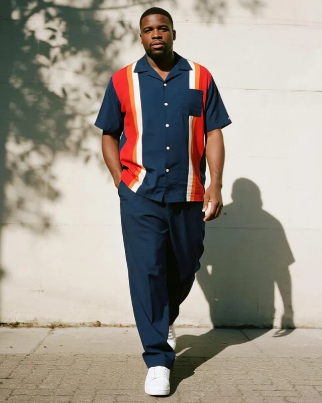 Big & Tall Men's Business Blue Colorblock Stripe Printed Pocket Short Sleeve Shirt Trousers Suit sold by Biggmans
