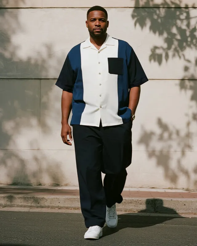 Big & Tall Men's Business Blue Colorblock Stripe Printed Pocket Short Sleeve Shirt Trousers Suit sold by Biggmans