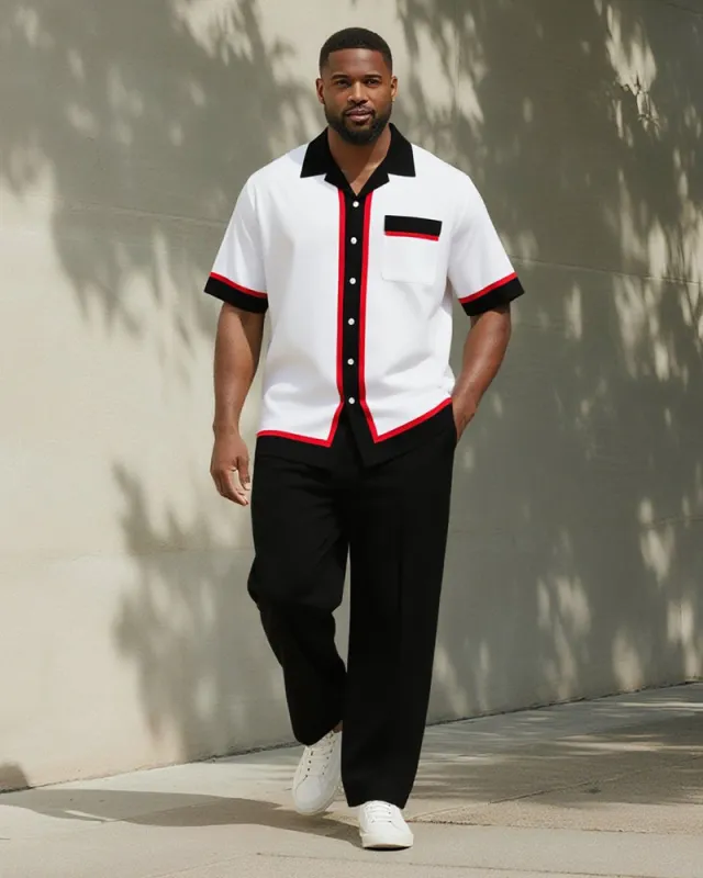 Big & Tall Men's Business Black Red Stripe Print Pocket Short Sleeve Shirt Pants Suit sold by Biggmans