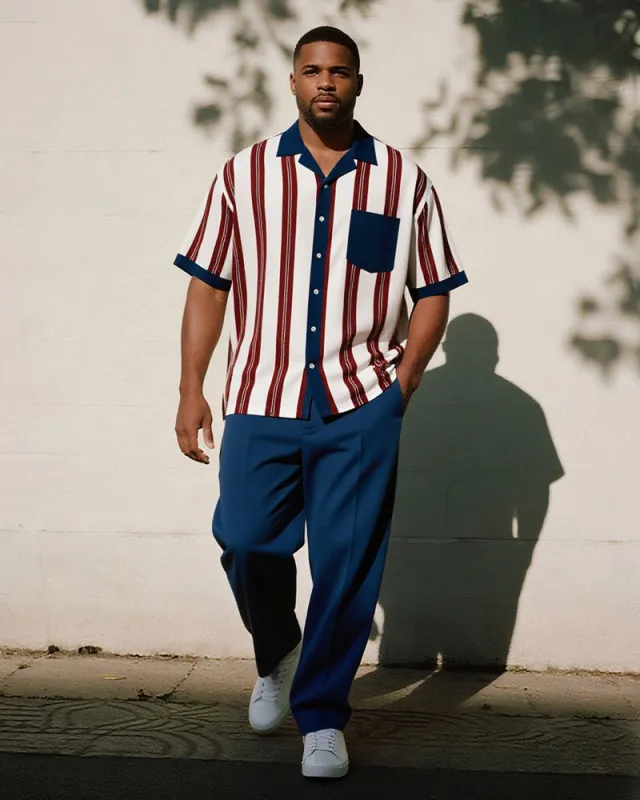 Big & Tall Men's Business Wine Red Blue Colorblock Striped Printed Pocket Short Sleeve Shirt Trousers Suit sold by Biggmans