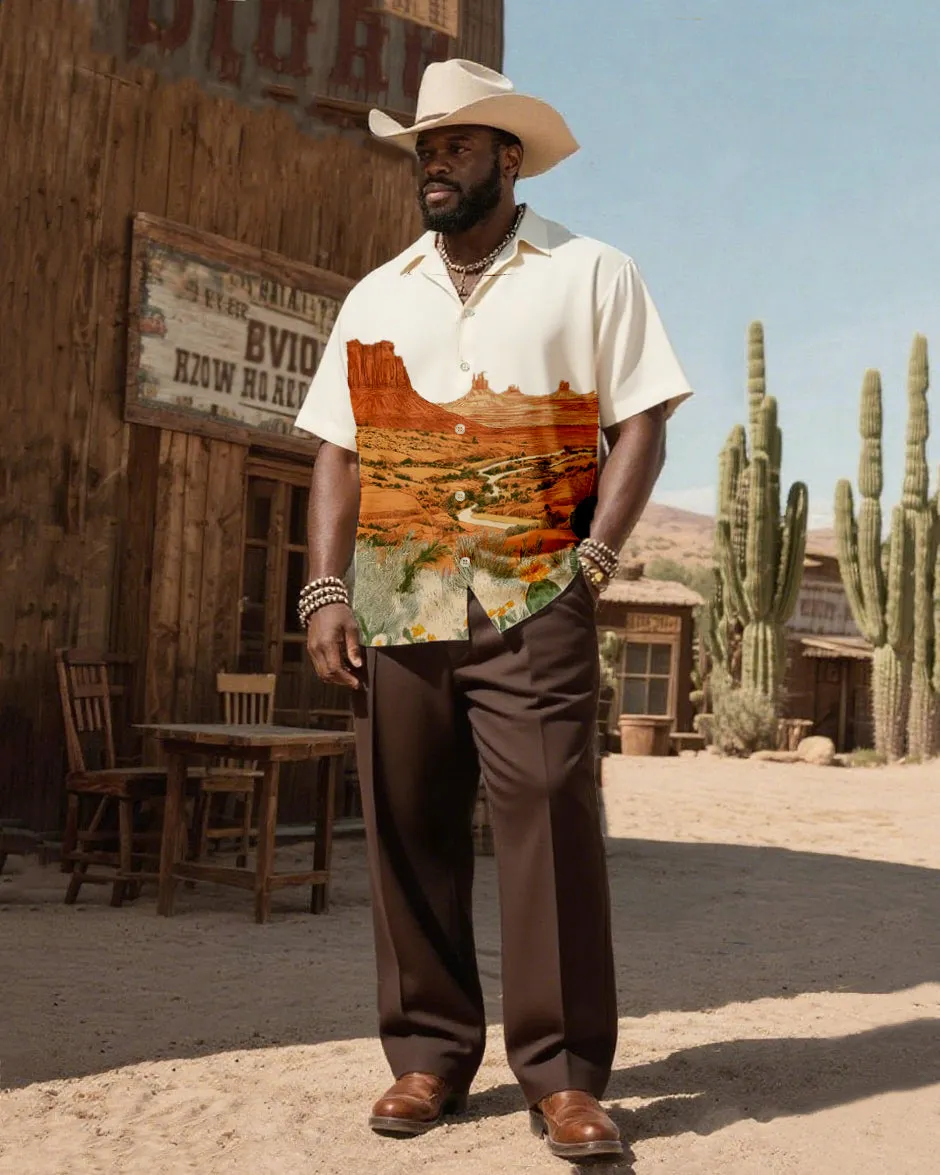 Big & Tall Men's Western Wind Desert Gold Rush Map Printing-Cuban Collar Short Sleeve Shirt Pants Suit sold by Biggmans