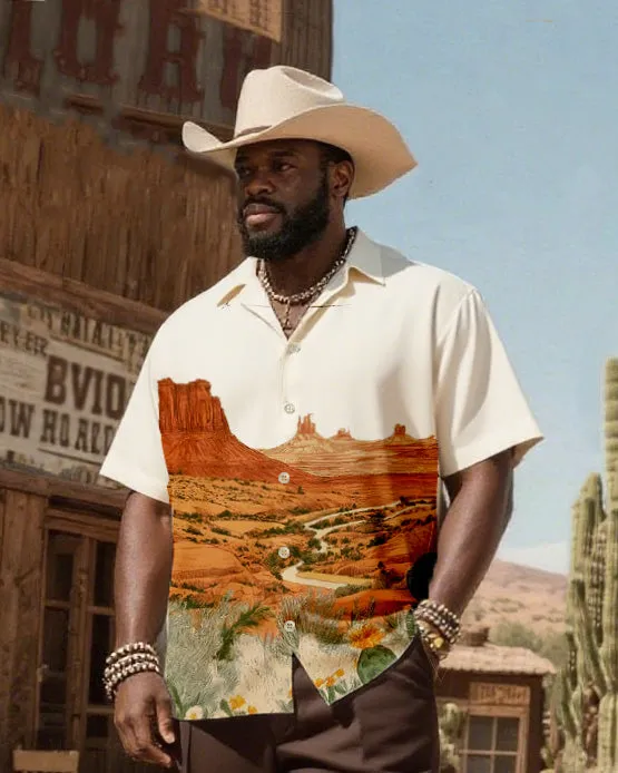 Big & Tall Men's Western Wind Desert Gold Rush Map Printing-Cuban Collar Short Sleeve Shirt Pants Suit sold by Biggmans product image thumbnail 2