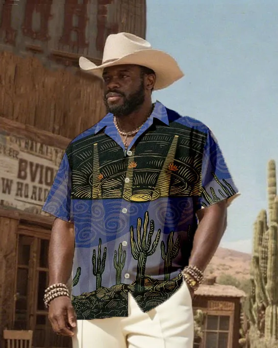 Big & Tall Men's Western Wind Desert Cactus And UFO Print-Cuban Collar Short Sleeve Shirt Pants Suit sold by Biggmans product image thumbnail 2