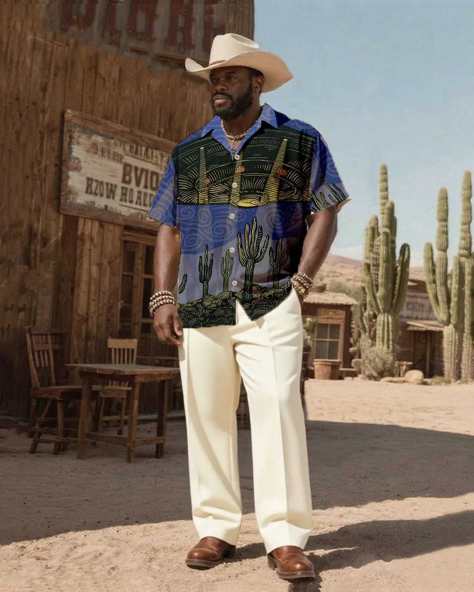 Big & Tall Men's Western Wind Desert Cactus And UFO Print-Cuban Collar Short Sleeve Shirt Pants Suit sold by Biggmans
