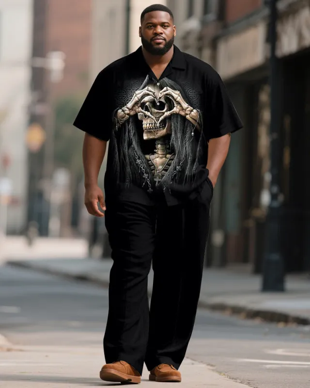Big & Tall Men's Black Love Skull Print Short Sleeve Shirt Pants Suit sold by Biggmans