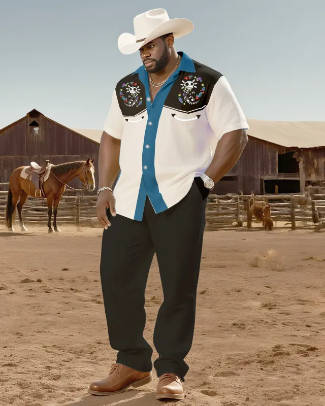 Big & Tall Men's Western Style Color Matching Casual Salamander Skull Print-short Sleeve Shirt Pants Suit sold by Biggmans