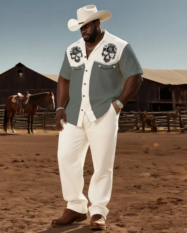 Big & Tall Men's Western Style Color Matching Casual Skull Print-short Sleeve Shirt Pants Suit sold by Biggmans