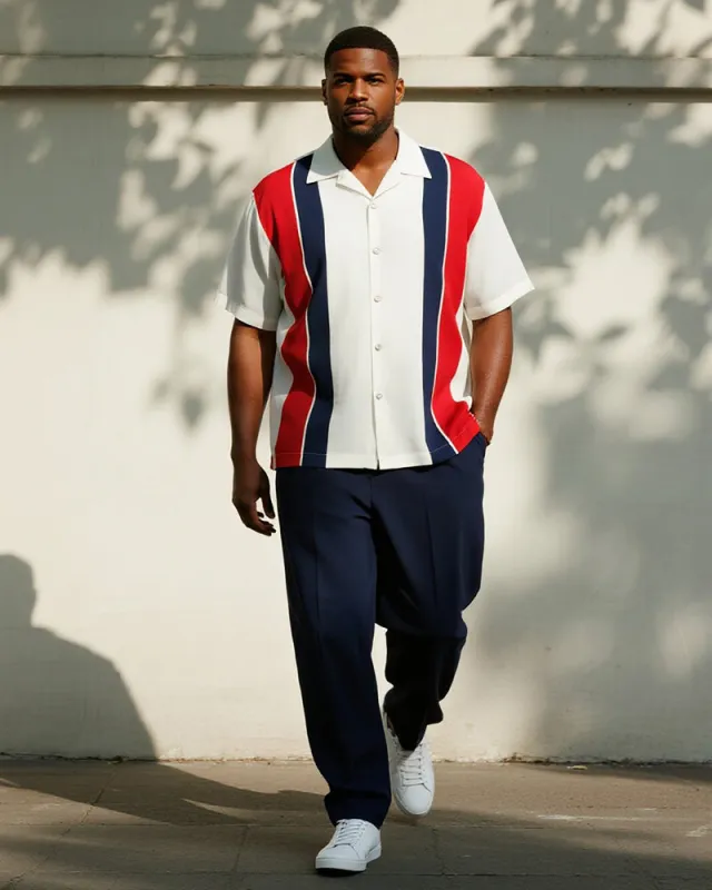 Big & Tall Men's Business Blue And Red Striped Print Short Sleeve Shirt Trousers Suit sold by Biggmans