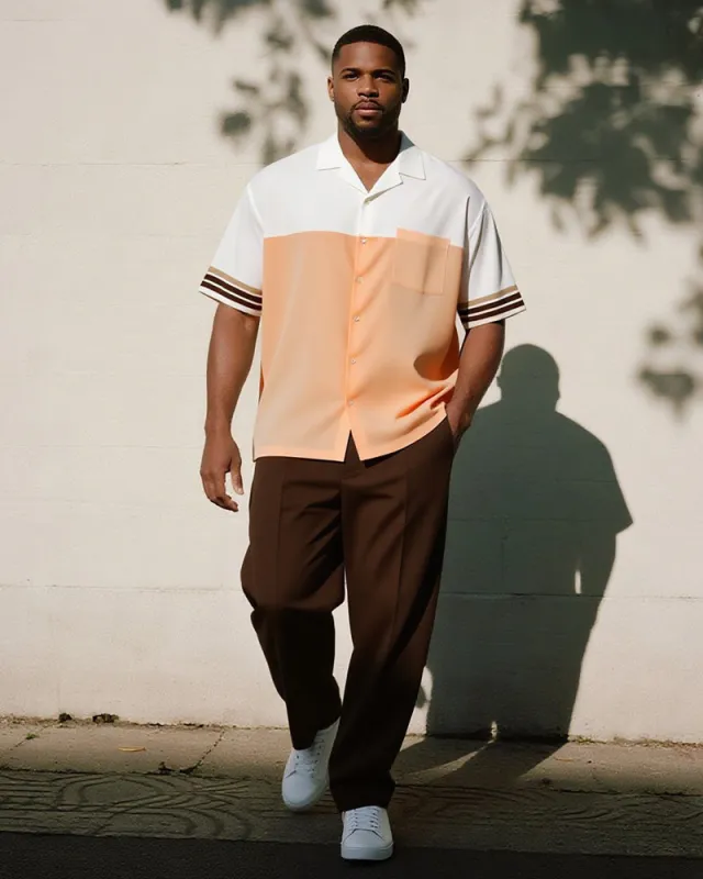 Big & Tall Men's Business Orange Stripe Colorblock Printed Pocket Short Sleeve Shirt Pants Suit sold by Biggmans