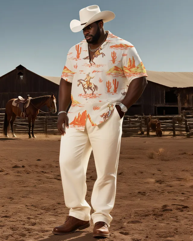 Big & Tall Men's Western Style Casual Western Style Print-creamy-white Short Sleeve Shirt Pants Suit sold by Biggmans