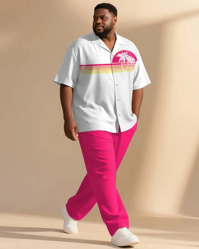 Big & Tall Men's Hawaiian Pink Stripe Gradient Coconut Print Short Sleeve Shirt Pants Suit sold by Biggmans