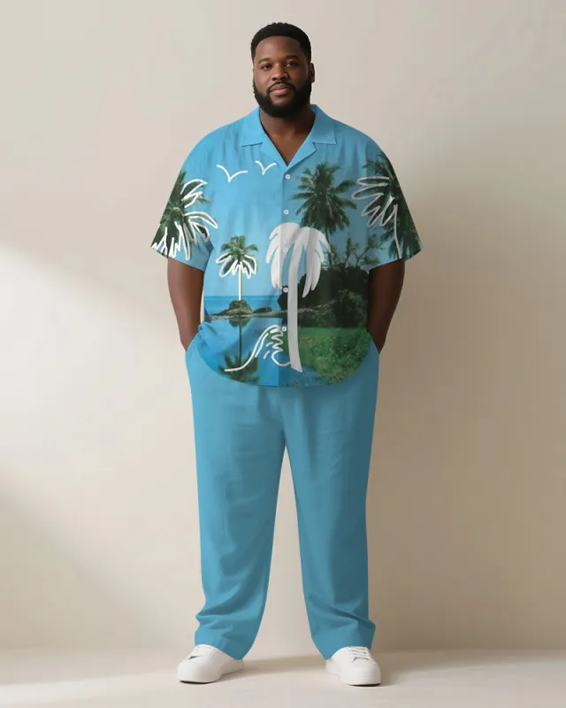 Big & Tall Men's Hawaiian Blue Sky Vintage Hand-painted Coconut Print Short-sleeved Shirt Pants Suit sold by Biggmans