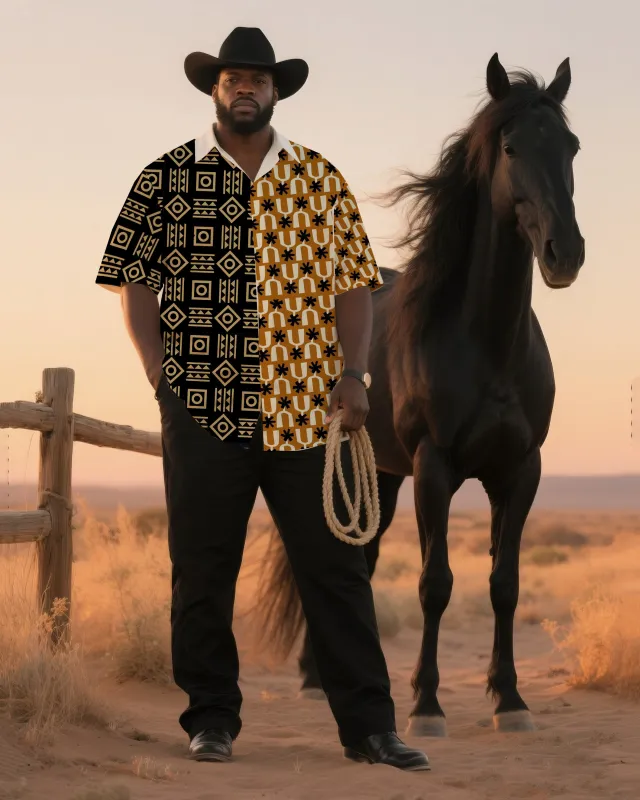 Big & Tall Men's Daily Leisure Western Style Ethnic Style Stitching-Short Sleeve Shirt And Pants Suit sold by Biggmans