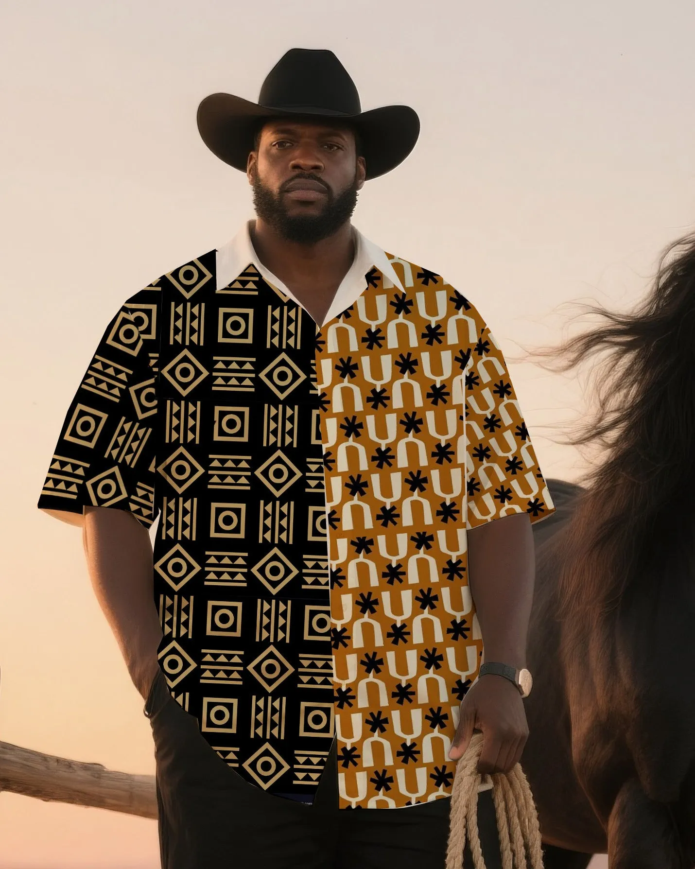 Big & Tall Men's Daily Leisure Western Style Ethnic Style Stitching-Short Sleeve Shirt And Pants Suit sold by Biggmans product image thumbnail 2