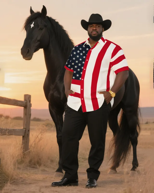 Big & Tall Men's Daily Casual Independence Day Western Style Shirt Flag Design Shirt-Short Sleeve Shirt Trousers Suit sold by Biggmans