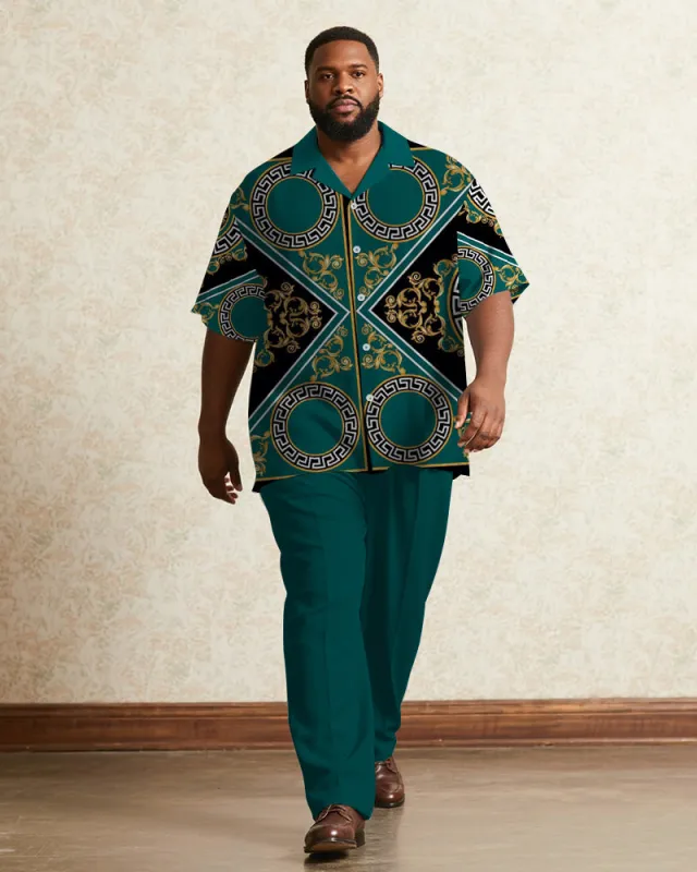 Big & Tall Men's Business Green Luxury Pattern Printed Short Sleeve Shirt Trousers Suit sold by Biggmans