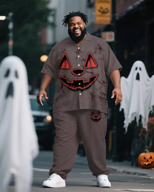 Big & Tall Men's Halloween Blood Mottled Pumpkin Expression Print Short Sleeve Shirt Trousers Suit sold by Biggmans