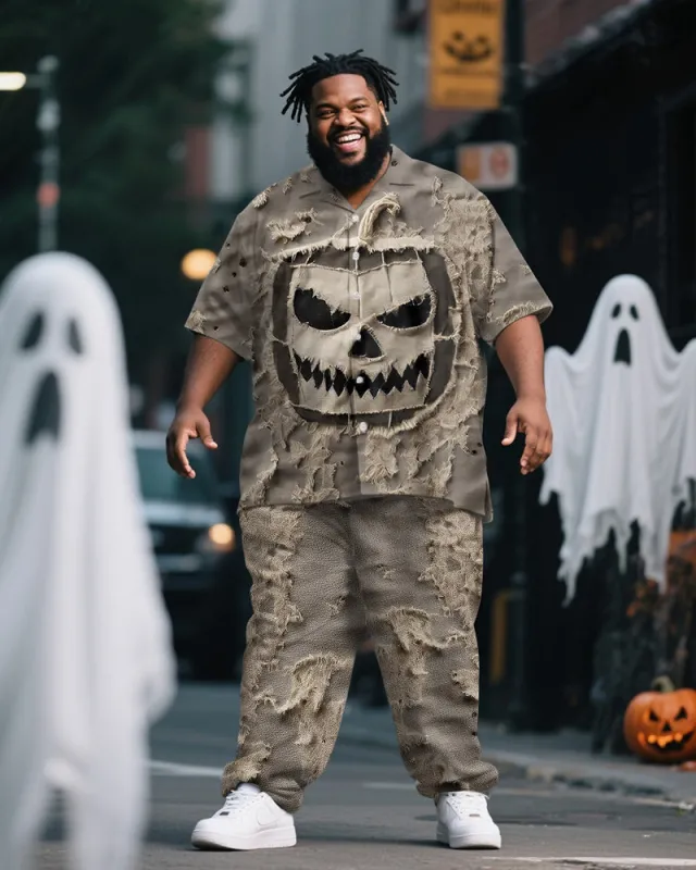 Big & Tall Men's Halloween Tattered Pumpkin Head Expression Print Short Sleeve Shirt Pants Suit sold by Biggmans