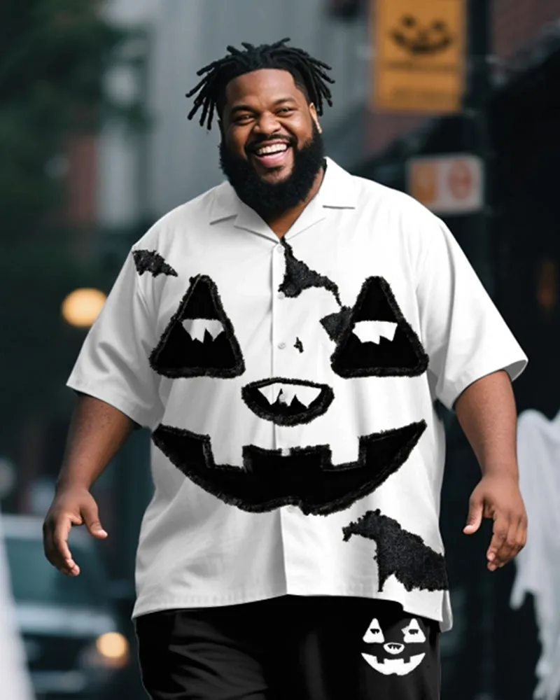 Big & Tall Men's Halloween Black And White Pumpkin Expression Print Short Sleeve Shirt Pants Suit sold by Biggmans product image thumbnail 2