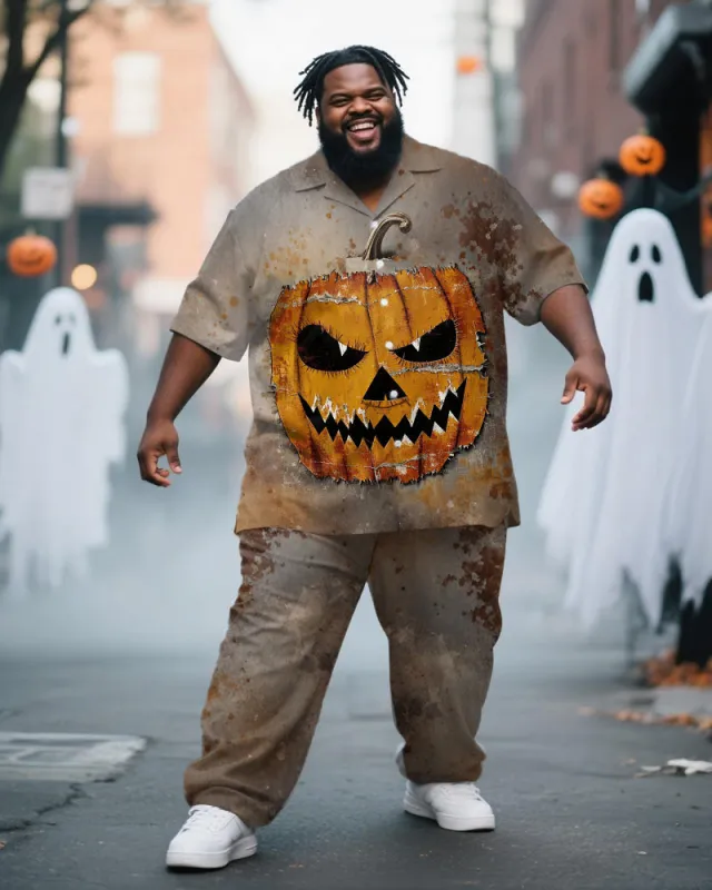 Big & Tall Men's Halloween Rust Mottled Pumpkin Expression Print Short Sleeve Shirt Pants Suit sold by Biggmans