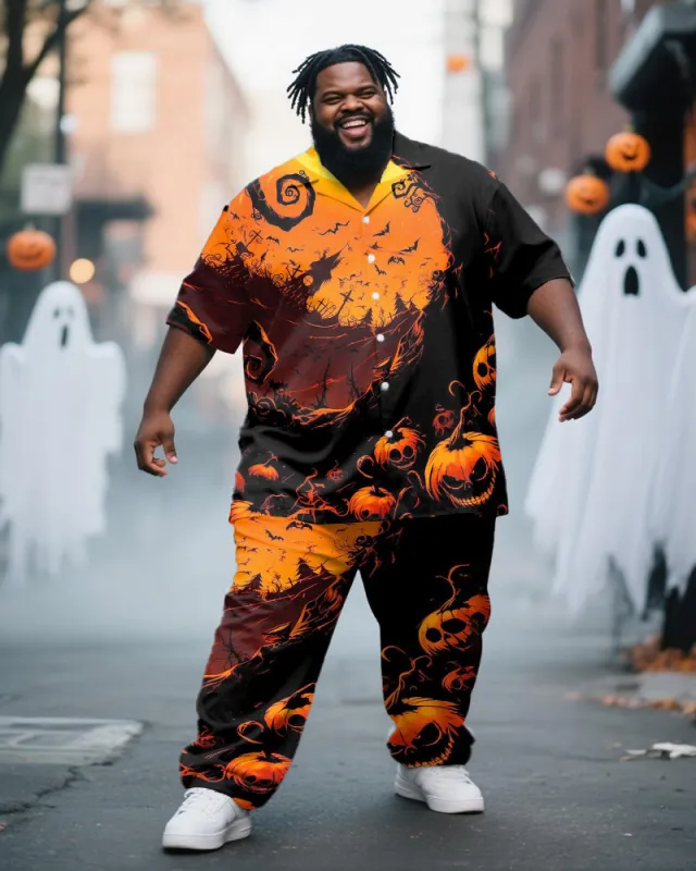 Big & Tall Men's Halloween Orange Horror Pumpkin Graffiti Print Short Sleeve Shirt Trousers Suit sold by Biggmans
