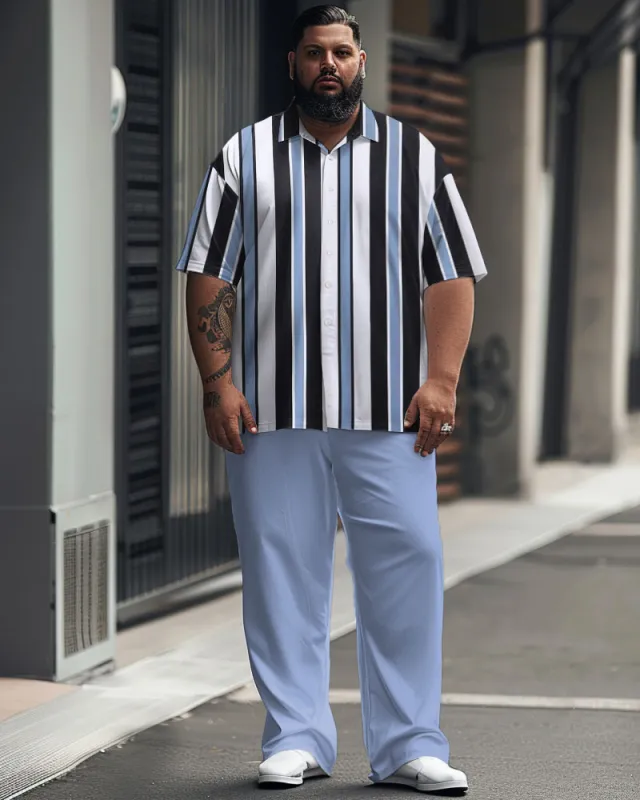 Men's Plus Size Simple Contrast Stripe Print Short Sleeve Shirt Suit sold by Biggmans