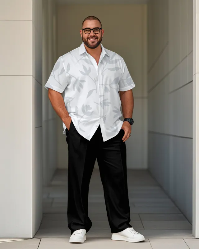 White Hawaiian Leaf Jacquard Craft Printed Shirt Trousers Suit Men's Plus Size sold by Biggmans