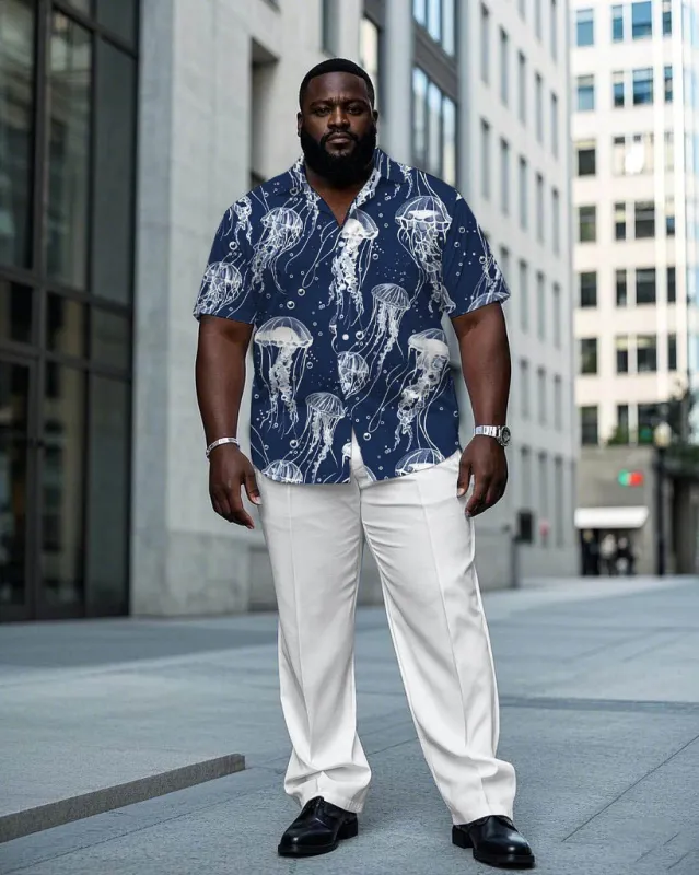 Hawaiian Sea Jellyfish Pattern Short Sleeve Shirt Trousers Suit Men's Plus Size sold by Biggmans