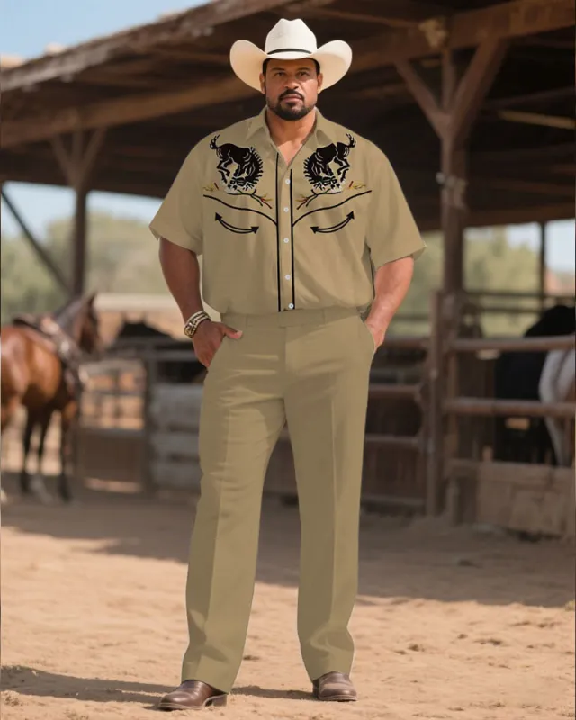 Western Denim-men's Plus Size Khaki Bullfight Pattern Symmetrical Printed Short Sleeve Shirt Trousers Suit sold by Biggmans