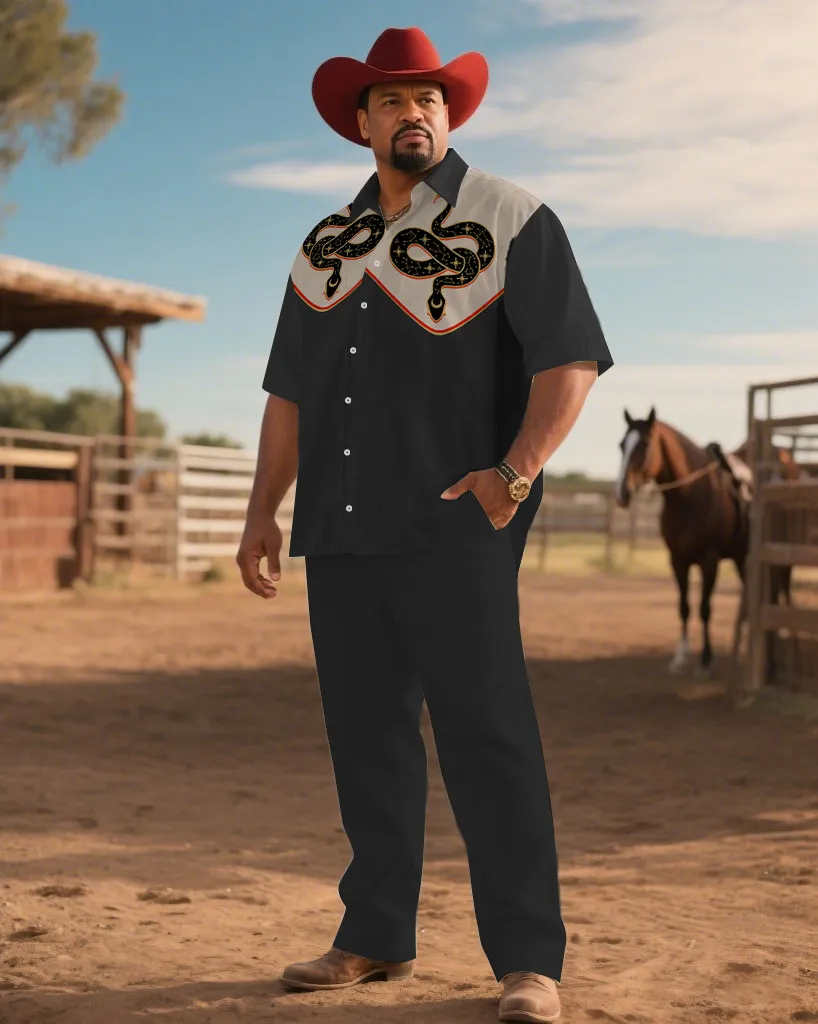 Western Denim-Men's Plus Size Dark Gray Snake Symmetrical Print Short Sleeve Shirt Trousers Suit sold by Biggmans