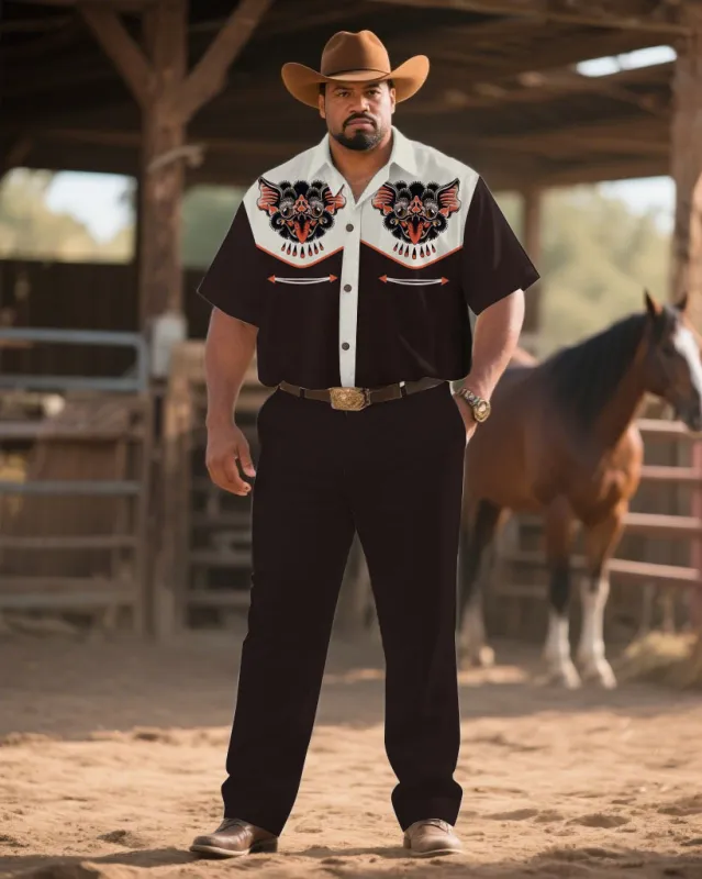 Western Denim-Men's Plus Size Dark Brown Mascot Symmetrical Printed Short Sleeve Shirt Trousers Suit sold by Biggmans