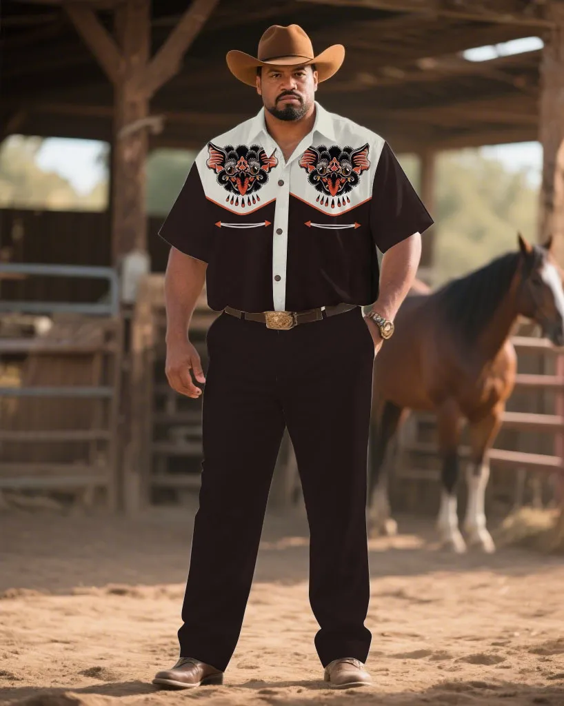 Western Denim-Men's Plus Size Dark Brown Mascot Symmetrical Printed Short Sleeve Shirt Trousers Suit sold by Biggmans