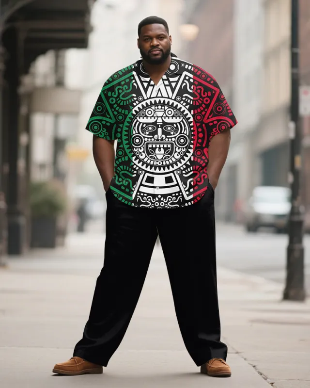 Men's Plus Size Green White Red Aztec Ethnic Style Printed Short Sleeve Shirt Trousers Suit sold by Biggmans