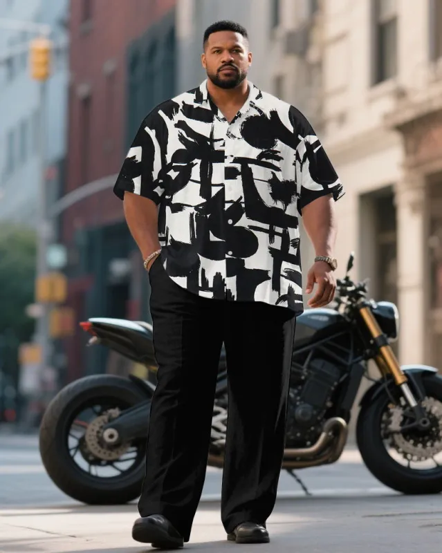 Men's Plus Size Black & White Graffiti Business Short Sleeve Shirt Pants Suit sold by Biggmans