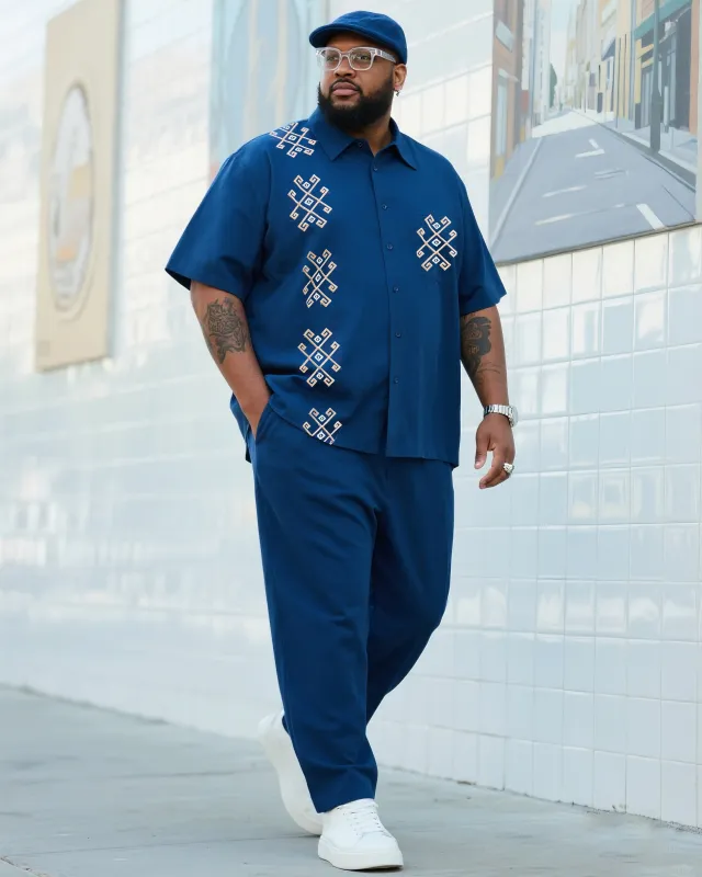 Big Boy Essential 2025 Fashion High Sense Prussian Blue Print Figure Short Sleeve Shirt Trousers Suit sold by Biggmans