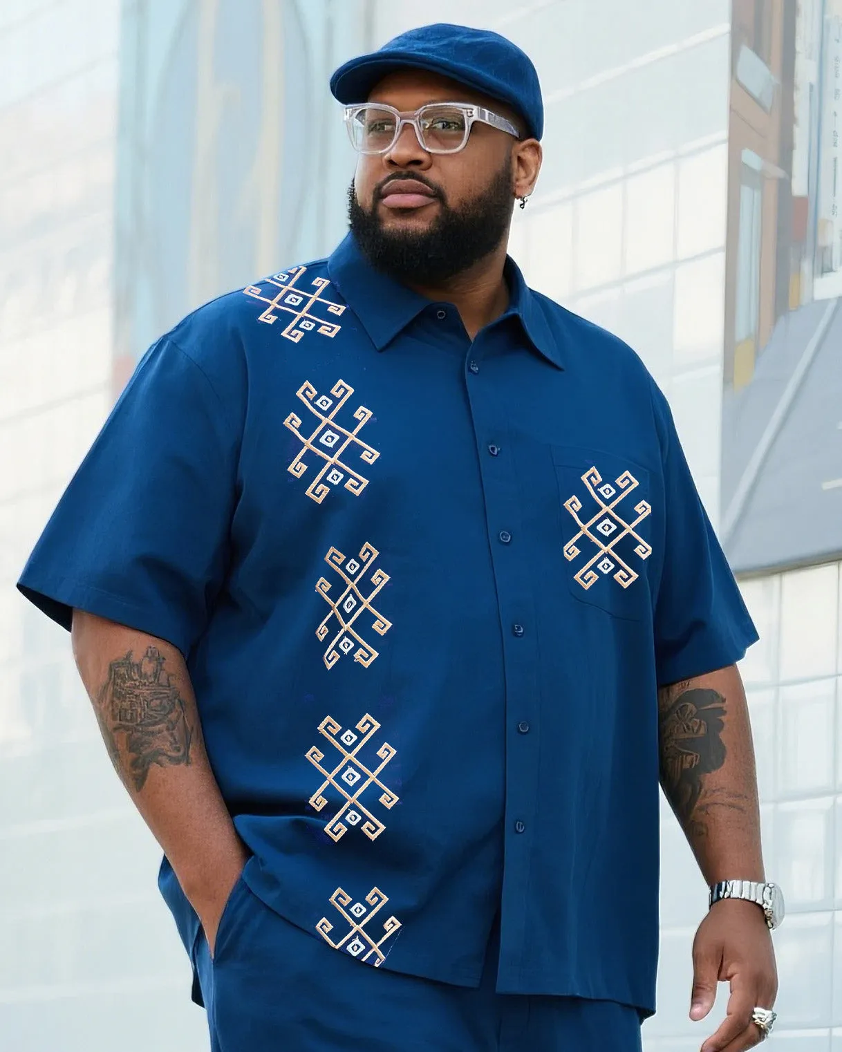 Big Boy Essential 2025 Fashion High Sense Prussian Blue Print Figure Short Sleeve Shirt Trousers Suit sold by Biggmans product image thumbnail 2