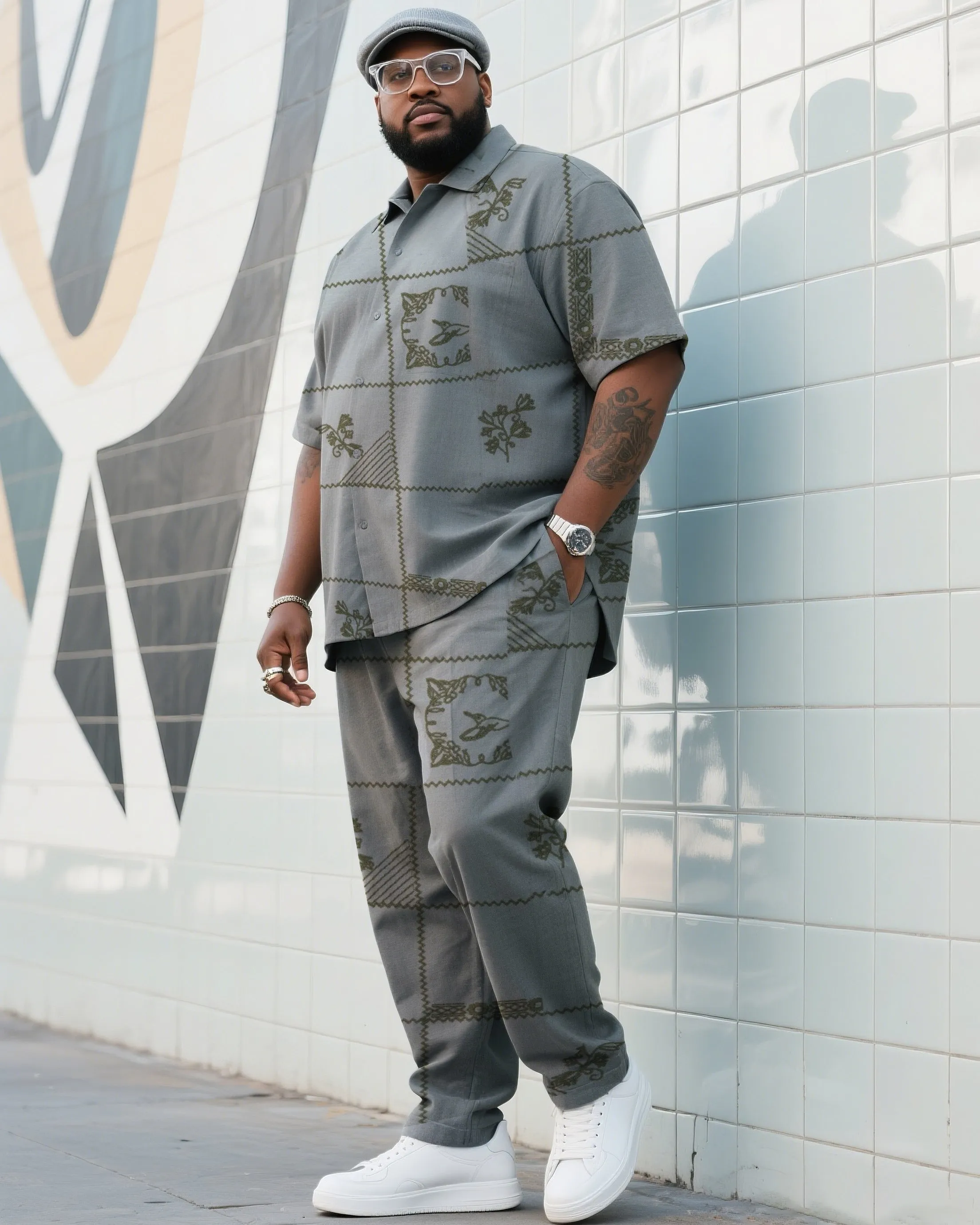 Big Boy Daily Casual Grey Simple Flower Short Sleeve Shirt Trousers Suit sold by Biggmans