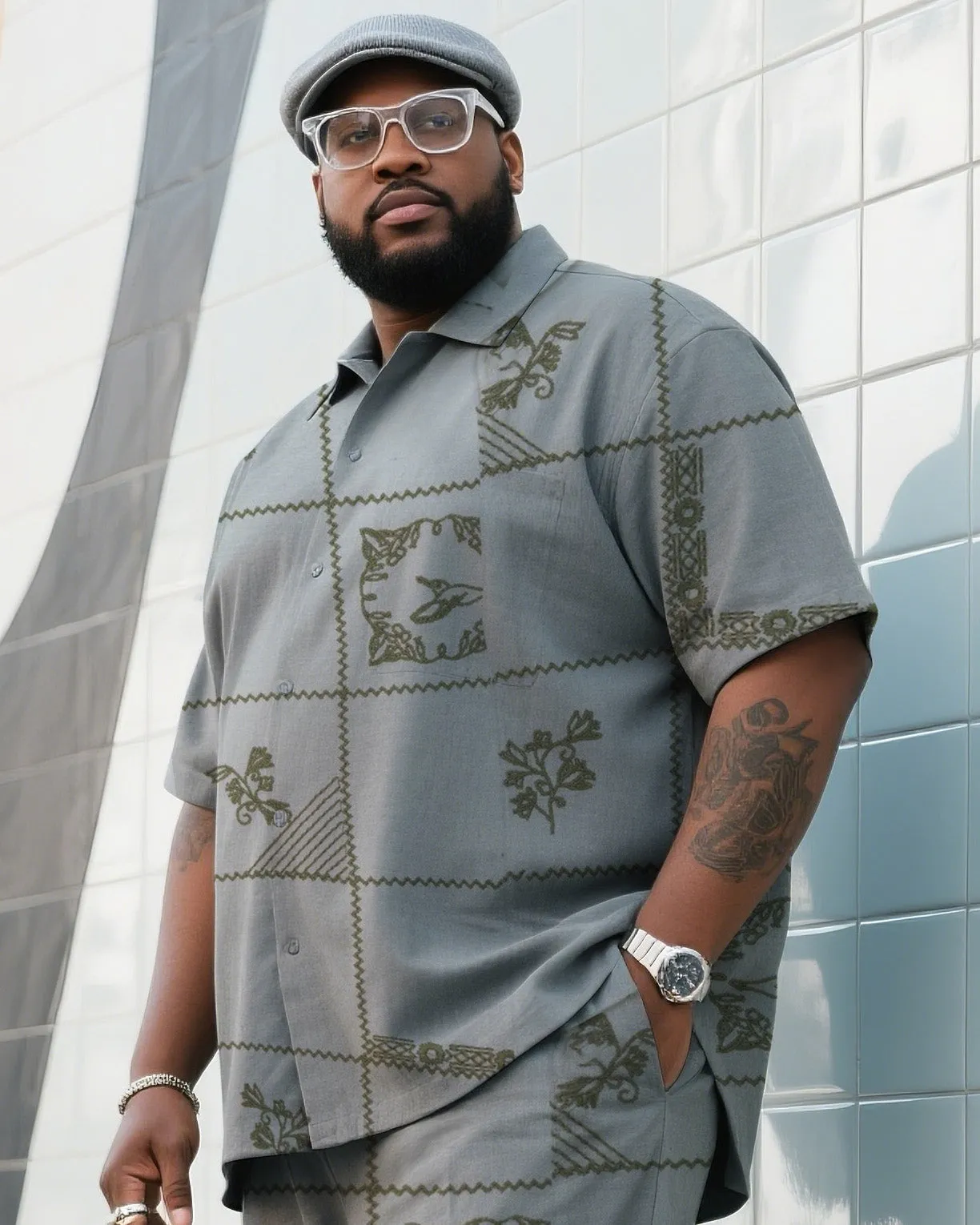 Big Boy Daily Casual Grey Simple Flower Short Sleeve Shirt Trousers Suit sold by Biggmans product image thumbnail 3