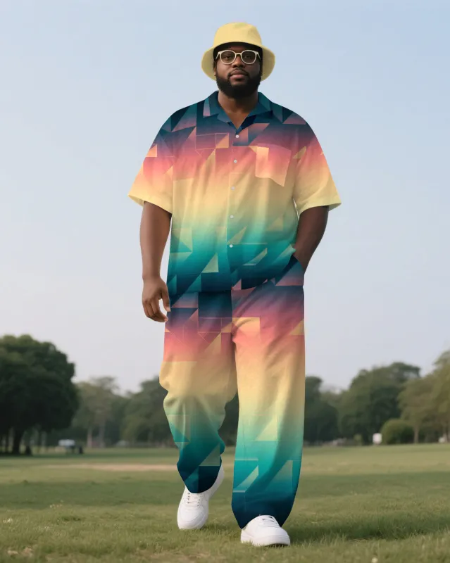 Big Men Casual Colorful Triangle Layered Gradient Short Sleeve Shirt Trousers Suit sold by Biggmans