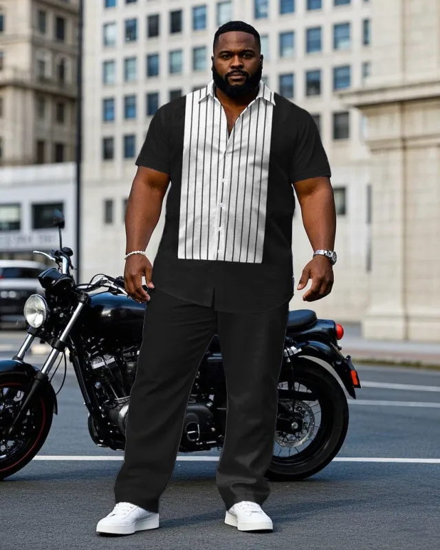 Men's Plus Size Black Front Stitching Striped Fabric Short Sleeve Shirt Trousers Suit sold by Biggmans