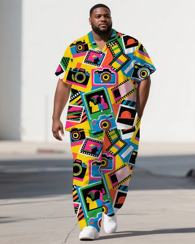 Men's Colorful Cartoon World Camera Printed Big & Tall Short-Sleeve Shirt Pants 2-Piece Sets sold by Biggmans
