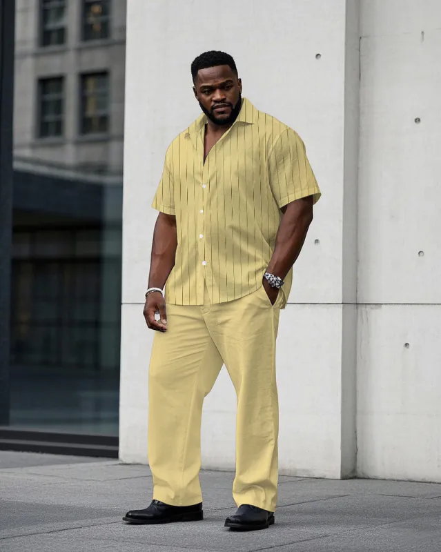Men's Plus Size Business Fashion Yellow Striped Short Sleeve Shirt Trousers Suit made by Biggmans