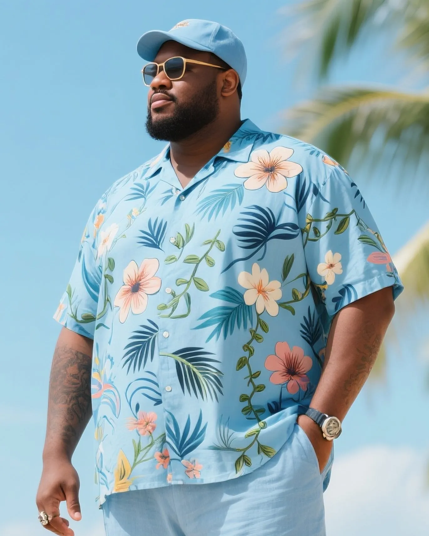 Big & Tall Men's Holiday Style Summer Color Matching Light Luxury Irregular Floral Printed Short Sleeve Shirt Pants Cotton Linen Suit sold by Biggmans product image thumbnail 2