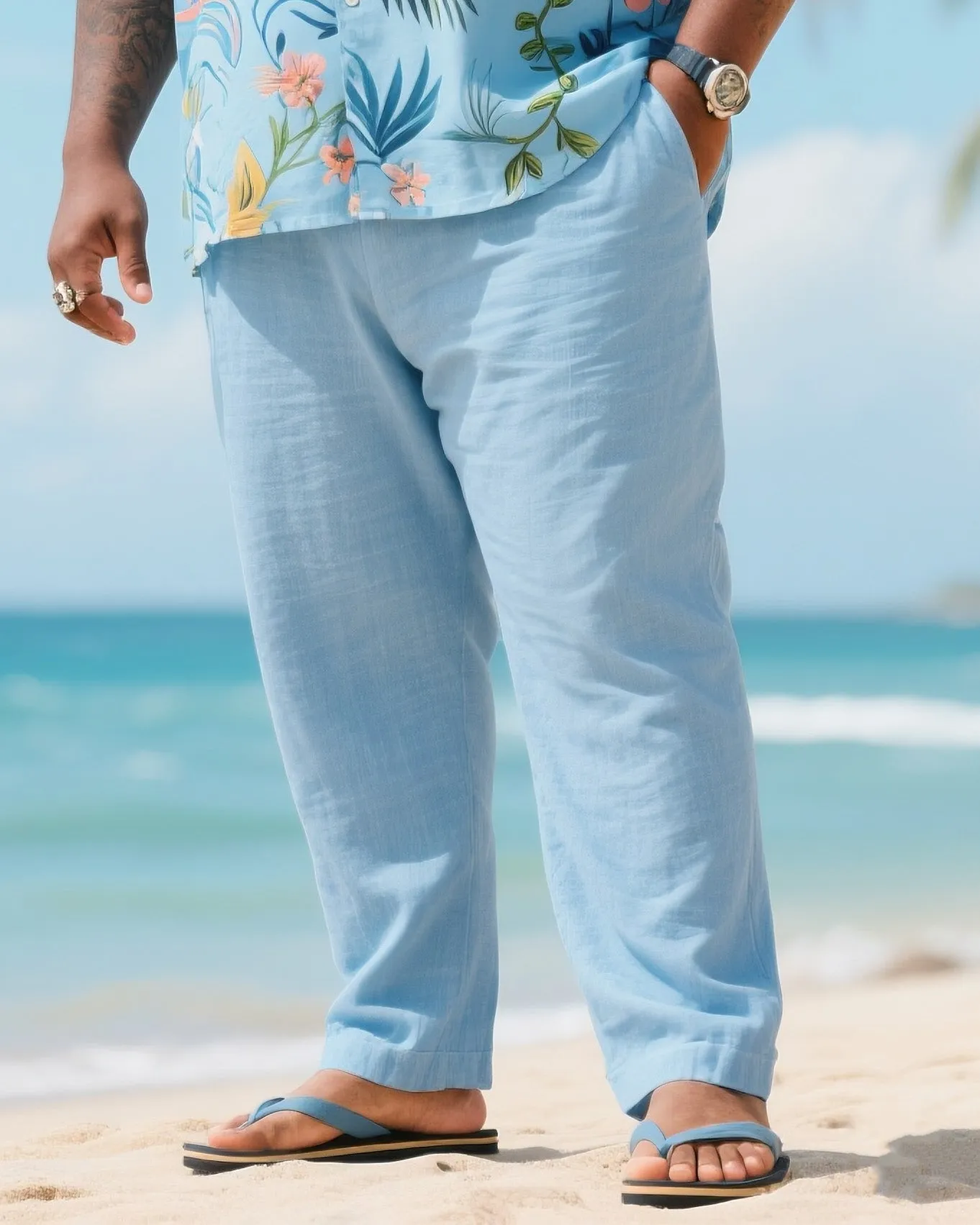 Big & Tall Men's Holiday Style Summer Color Matching Light Luxury Irregular Floral Printed Short Sleeve Shirt Pants Cotton Linen Suit sold by Biggmans product image thumbnail 3