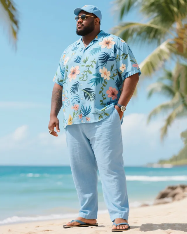 Big & Tall Men's Holiday Style Summer Color Matching Light Luxury Irregular Floral Printed Short Sleeve Shirt Pants Cotton Linen Suit sold by Biggmans