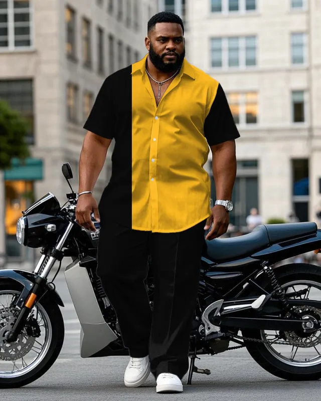 Big & Tall Men's Yellow & Black Color-matching Business Short-sleeved Shirt Pants Suit sold by Biggmans